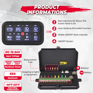 12-24V 8 Gang Switch Panel for Cars, UTVs, Trucks, Wrangler & RZR X3 by Kemimoto B0401-04001BK Switch Panel Mount B0401-04001BK Kemimoto
