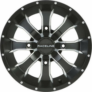 Mamba Wheel Kit w/ Rip Saw Tire 14X7 4/110 5+2 (+10MM) Black/Machined by Raceline 570-5107+570-1507 Premounted Wheel & Tire Kit 570-25090 Western Powersports Drop Ship