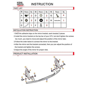 UTV Rear View Mirror with 2" Clamps by Kemimoto FTVMI012 Rear View Mirror FTVMI012 Kemimoto