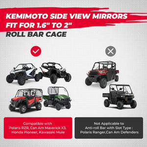 UTV Side Mirrors for 1.6" - 2" Roll Bar Cage by Kemimoto B0106-13101BK Side View Mirror B0106-13101BK Kemimoto